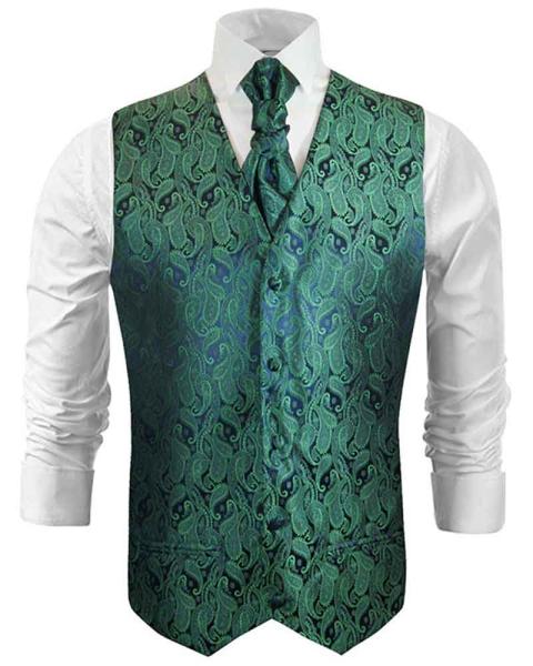 Wedding vest with plastron green paisley V14