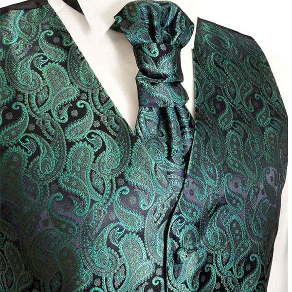 Wedding vest with plastron green paisley V14